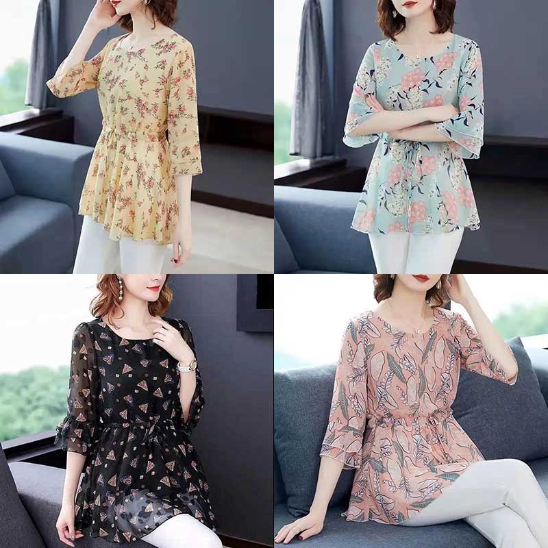 Ice Silk Floral Shirt Short-sleeved Women's Waist-covering Belly Thin Large Size Summer Mid-length Bottoming Shirt Top