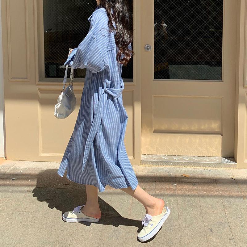 Female Vintage Contrast Striped Shirt Holiday Dress Spring Slim Knee Length Long Sleeve Casual Dress