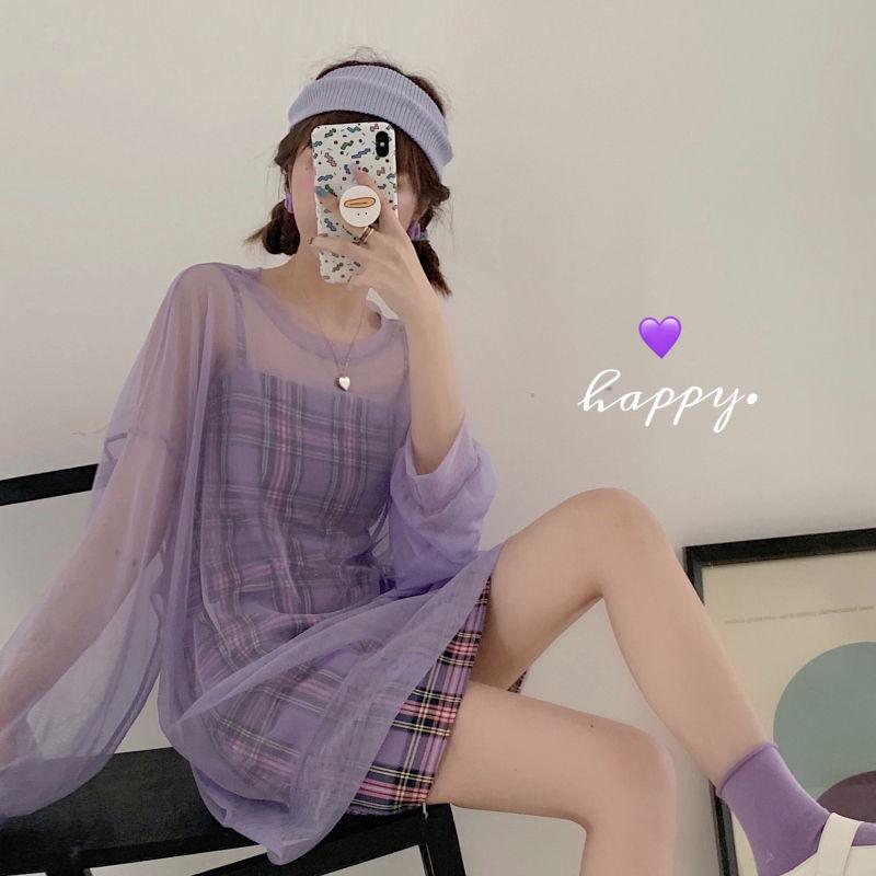 Purple Plaid Sling Dress 2 Pieces Ladies Suit Skirt Spring and Summer Sling  Casual Vacation Office Home