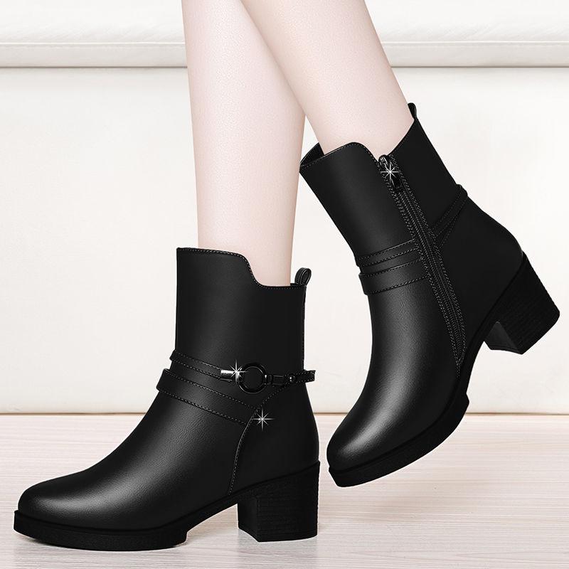 Women's Leather Boots Black Women's Autumn Winter Boots Slip on Ankle Boots for Women Bottes Femme
