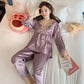 Women's Long Sleeve Silk Polyester Pajamas Spring Autumn Sexy Ladies Ice Silk Thin Lace Homewear Set Loose Breathable Pyjamas Solid Glossy Nightgowns