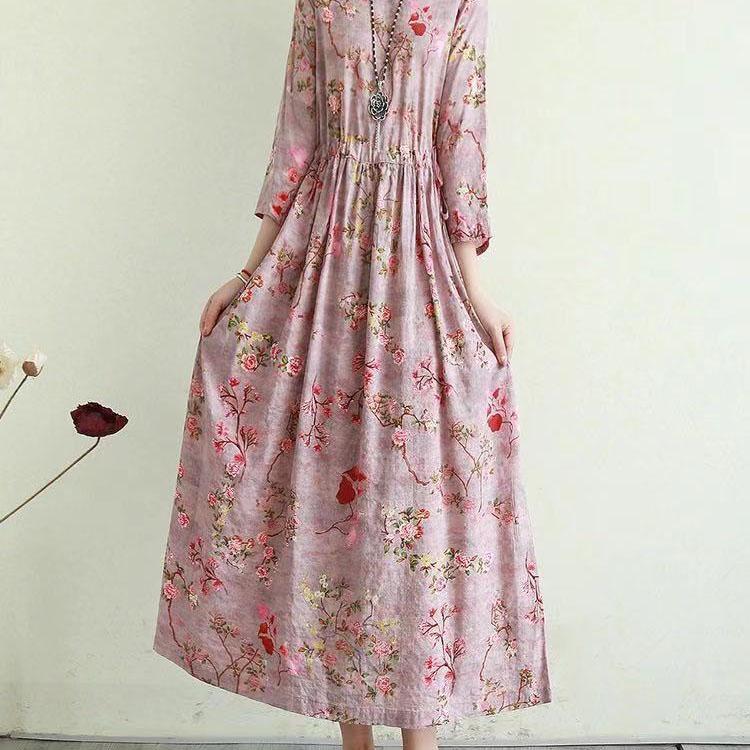 Women Summer Vintage High Waist Long Holiday Dress Elegant Slim Floral Print Pleated Casual Dress