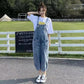 Women Vintage Denim Suspenders Pants Spring and Autumn Loose Versatile Western Style Casual Wide Leg Capris