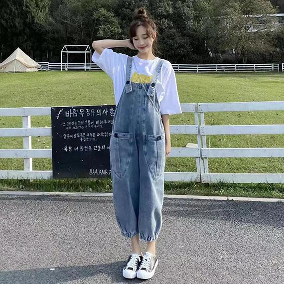 Women Vintage Denim Suspenders Pants Spring and Autumn Loose Versatile Western Style Casual Wide Leg Capris