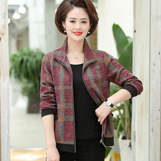 Women's Spring and Autumn Coat Versatile Short Jacket Middle-aged and Elderly Female Large Size Lapel Print Short Coat