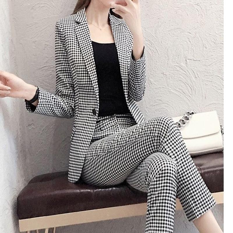 Spring and Autumn Black and White Professional Plaid Suit Suit Women's Temperament Long-sleeved Suit Pants Two-piece Set