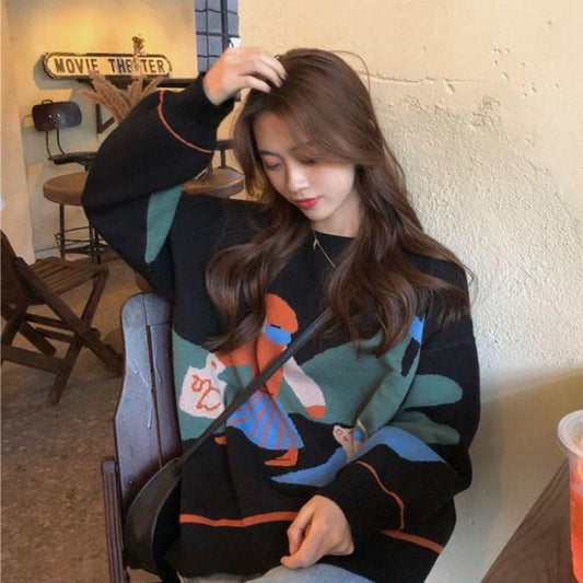 Vintage Autumn Winter Women Cartoon  Printed Sweater Student Loose Casual Pullover Sweater All-match Knitwear Coat Outer Wear