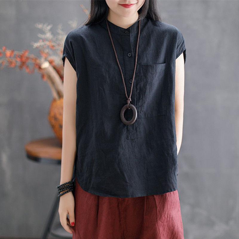 Summer Solid Color Loose Large Size Sleeveless Stand Collar T-Shirt Top Pullover Shirt
