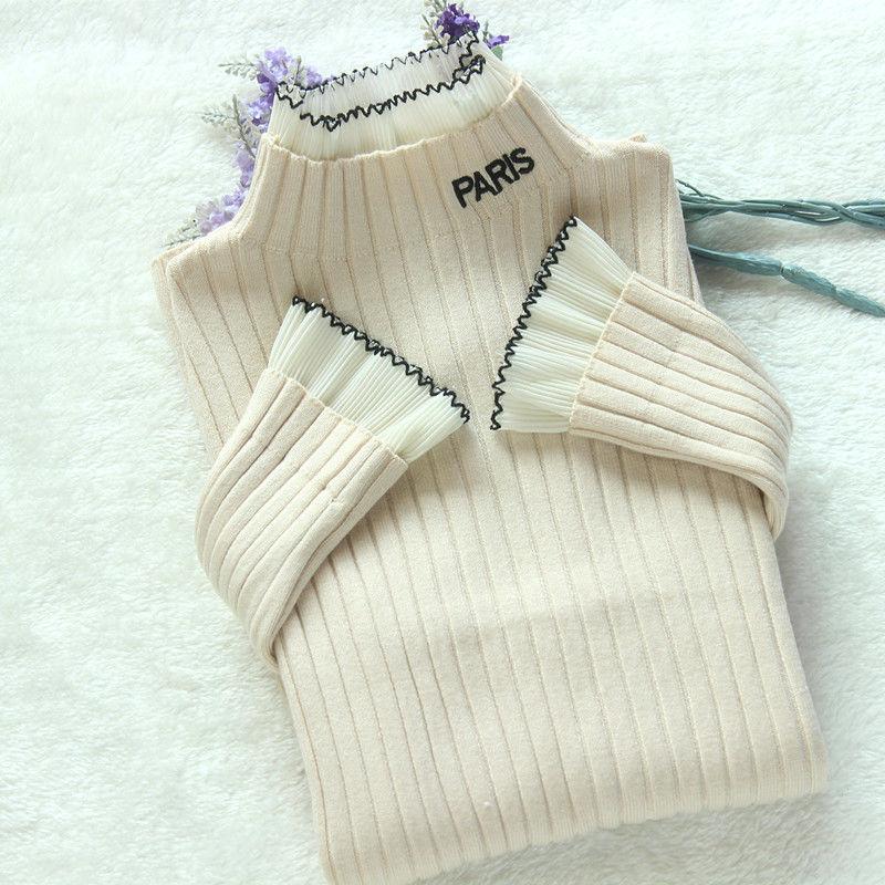 Women's Lace Collar High Neck Sweater Ladies Slim Sweet Letter Embroidery Knit Sweater Top Pullover Jumper Bottoming or Outwear