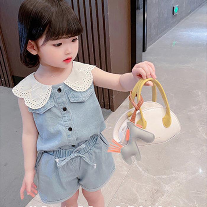 2PCS Children Clothing Set Spring Summer Girls Suits Solid Color Sleeveless Tops + Pants Clothing Set
