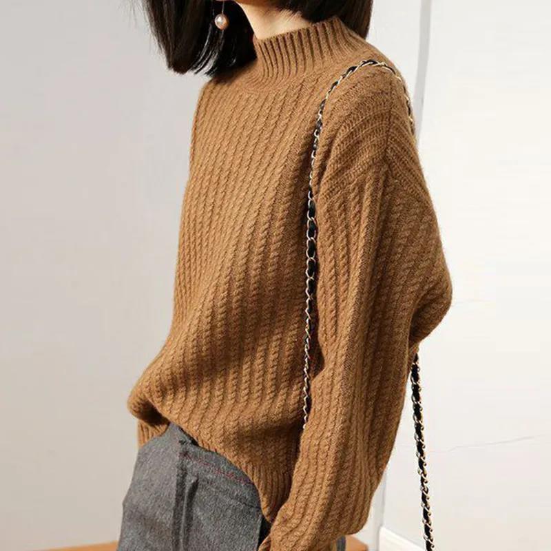 Women's Sweater Half Turtleneck Plus Fleece Thick Knit Sweater Loose Large Size Long Sleeve Sweater