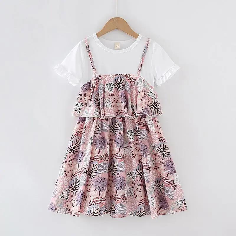 Girls' Dresses Summer Dresses Western Style Short-sleeved Stitching Floral Fake Two-piece Dresses