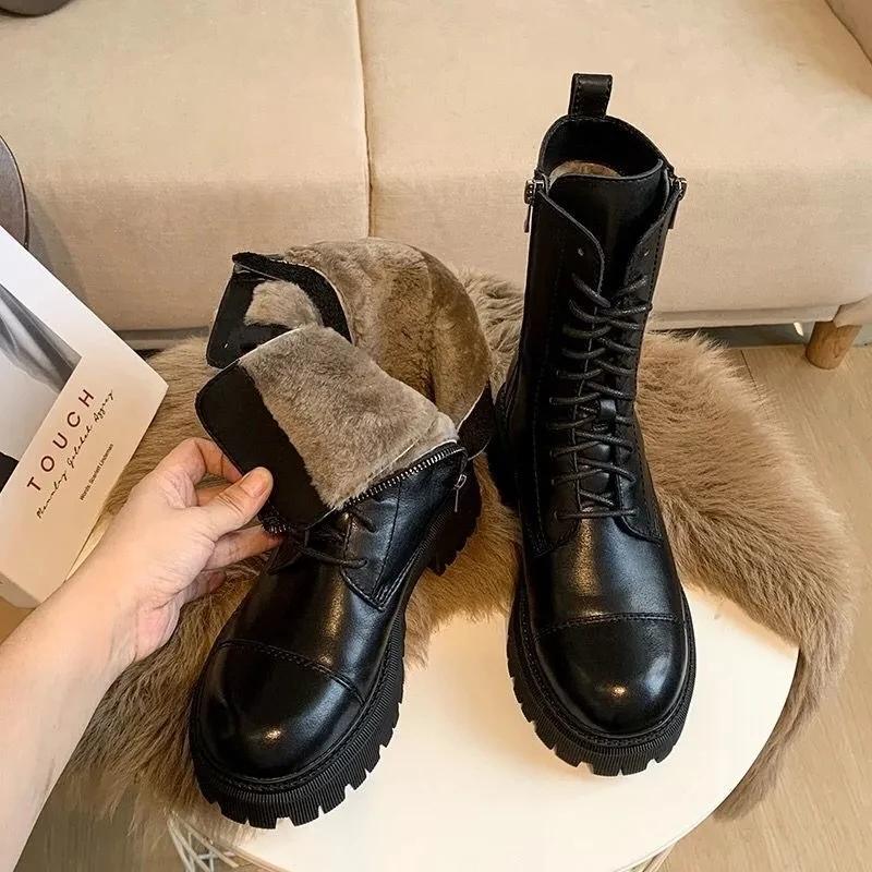 Winter Boots Women Shoes Black Ankle Boots Platform Gothic Booties Leather Fur Boots Plush Warm Botas Fashion Designer