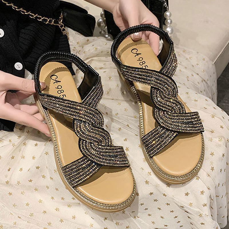Wedge Sandals Women's Shoes Summer Soft Leather Rhinestones Comfortable Soft Bottom Low-heeled All-match Women's Flat Shoes