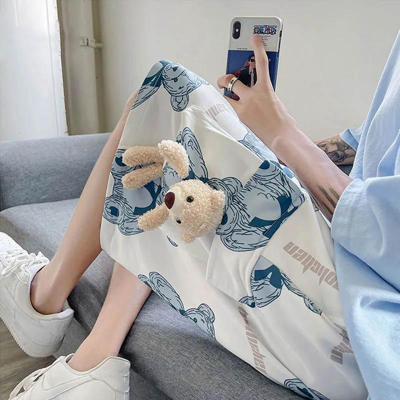 Men's Summer Wear Breathable Casual Pants Men's Design Pocket Cute Bear Print Five-point Overalls Shorts