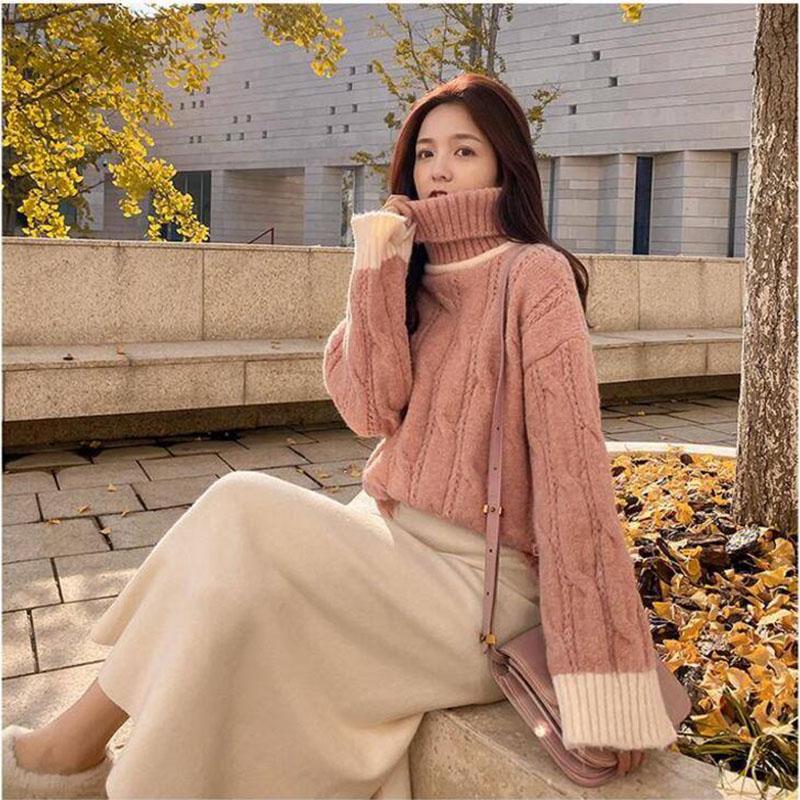 Contrasting Color Turtleneck Sweater In Autumn and Winter Loose Wild Thick Coat Simple Knitted Female Top