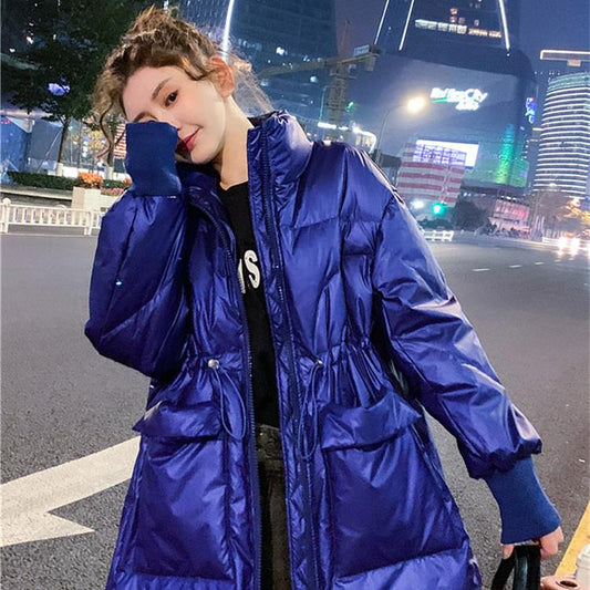 Winter Stand-collar Down Jacket Women's Mid-length White Duck Down Winter New Waist Shiny Thick Coat Winter Warmth Thick Cotton Jacket