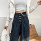 Blue Gray Plus Velvet High Waist Lepped Jeans Female Straight To Loose Design