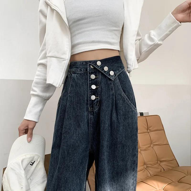 Blue Gray Plus Velvet High Waist Lepped Jeans Female Straight To Loose Design