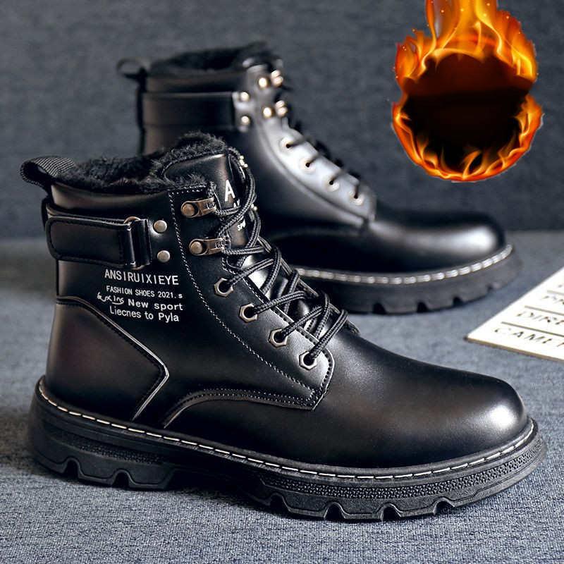 Plus Velvet Padded Winter Warm Snow Boots Men's Leather Cotton Shoes Waterproof Non-slip Trendy Martin Boots