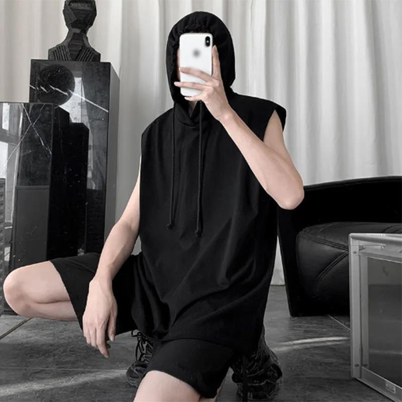 Summer Solid Color Hooded Vest Men's Trendy Loose Waistcoat Slit All-match Sports Hoodie Vest
