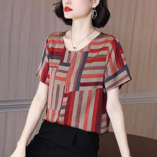 Loose Casual Top Short-sleeved T-shirt Women's Hit Color Age Thinner Summer New Irregular Striped Top Cool and Breathable