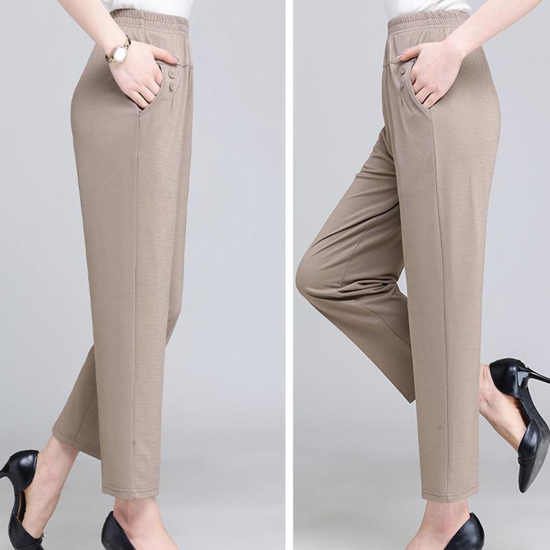 Spring Summer Autumn Thin Mother Middle-aged and Elderly Casual Straight Cropped Trousers Loose High Waist Elastic Waist Women