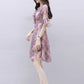 Pofulove S-3XL Women V-neck Chiffon Floral Dress Office Lady Short-sleeved Mid-length A-line Dress