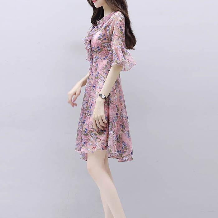 Pofulove S-3XL Women V-neck Chiffon Floral Dress Office Lady Short-sleeved Mid-length A-line Dress