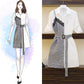 Women Shirt Dress Summer  Female Plus Size Slim Lace Plaid Stitching Midi Dress Elegant Dress with Sashes