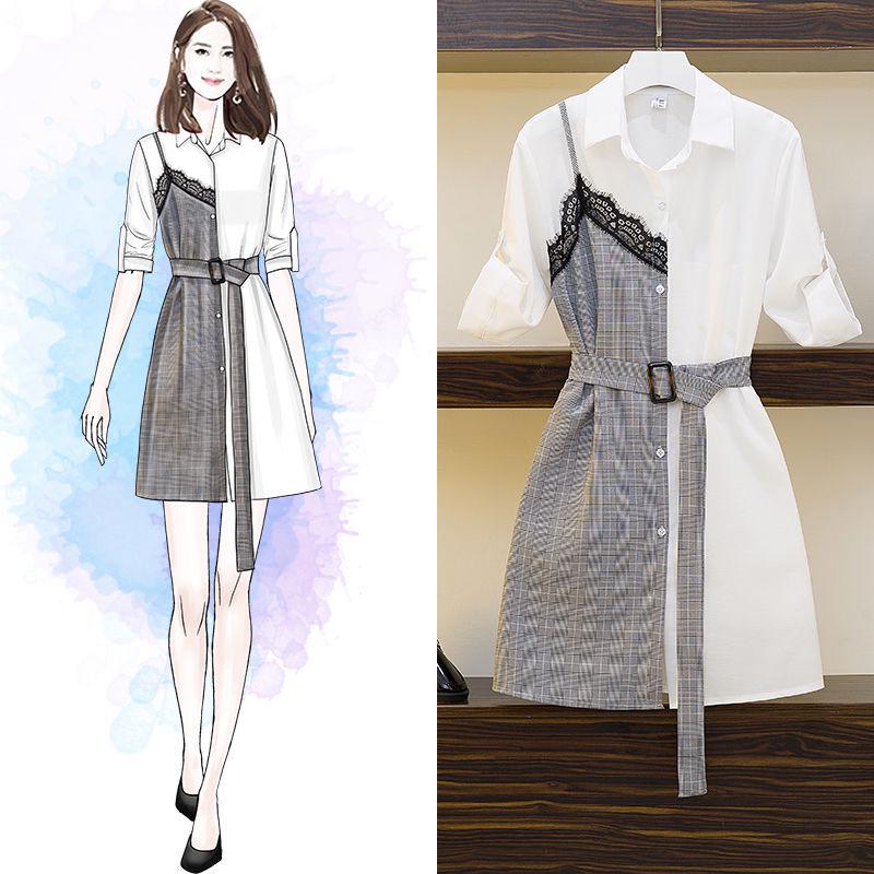 Women Shirt Dress Summer  Female Plus Size Slim Lace Plaid Stitching Midi Dress Elegant Dress with Sashes