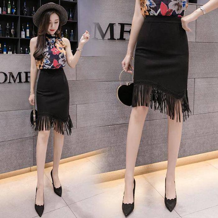 Pofulove S-2XL Women Irregular Fringe Black Skirt Anti-light Thin Bag Hip Skirts Mini A-line Skirt
