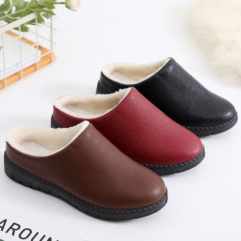Women Unisex Winter Home Slippers Leather Waterproof Non Slip Slippers Plush Warm Indoor