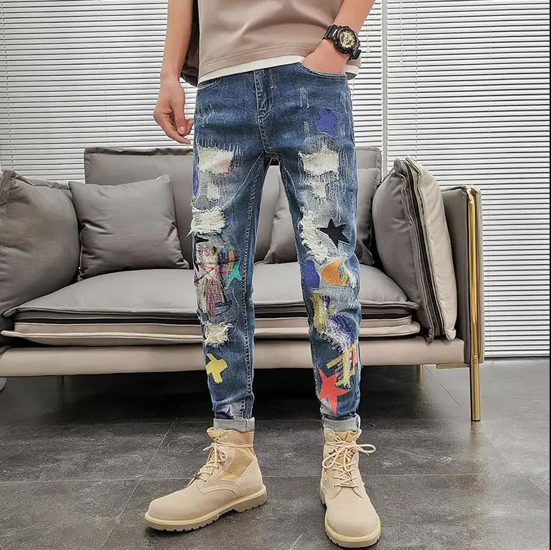 Men's Ripped Jeans Spring, Summer and Autumn Thin Section Trend Wild Embroidery Trousers Slim Pants