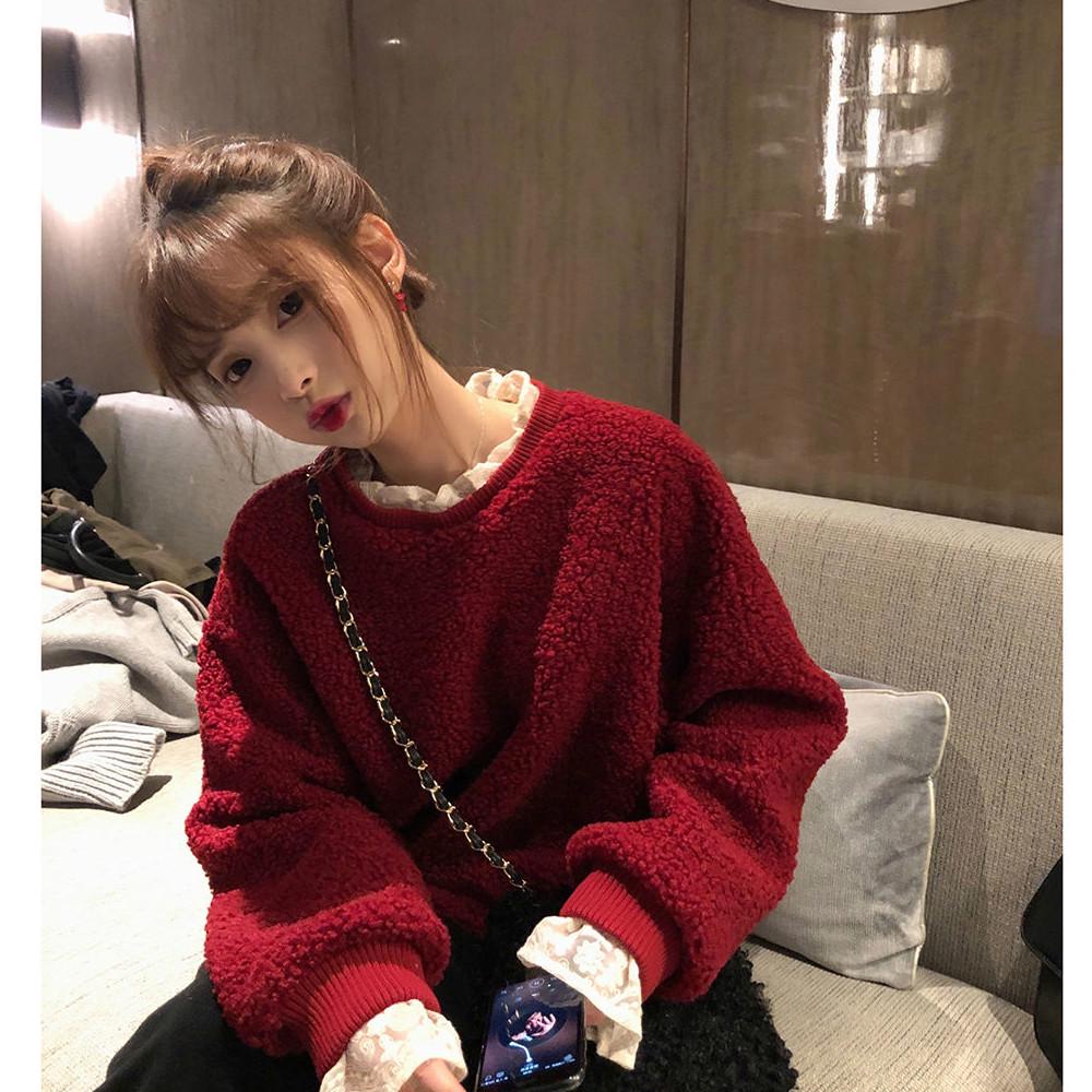 Pofulove Women's Hedging Thick Plus Velvet Winter Wool Coat Fake Two Pieces of Lace Lambskin Sweater