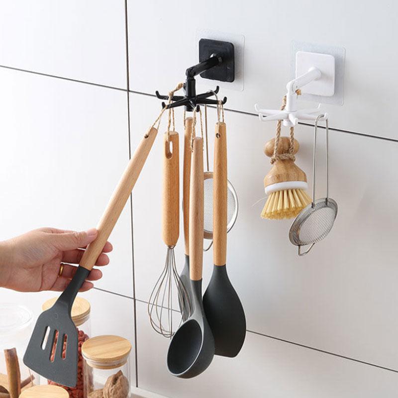 Spoon Rack 6 Claw Rotatable Hook Oil-proof and Waterproof Kitchen Storage Foldable Hook Cabinet Sticky Hook Wall Closet Hook Sticker Organizers