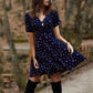 Ladies Casual Elegant V-Neck Short Sleeve Floral Vintage Dress Slim Fit Swing Skirt