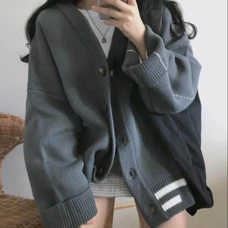 Lazy Style Knitted Cardigan Women's Autumn and Winter Loose School Style V-neck Long-sleeved Sweater Jacket