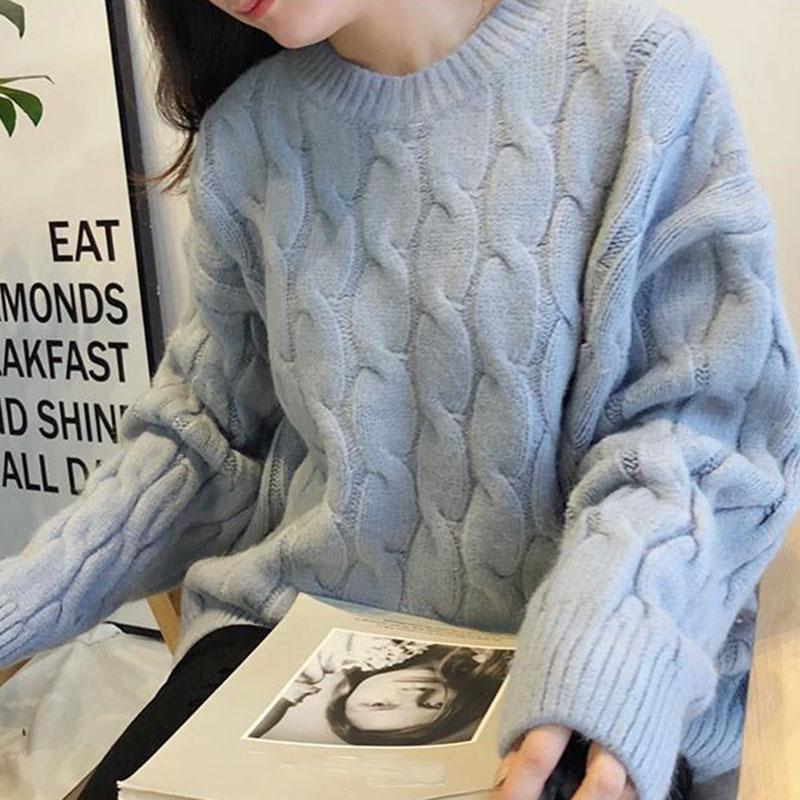 Women Winter Thick Warm Plus Size Knit Sweater Women Loose O-Neck Pullover Twist Pullover Sweater