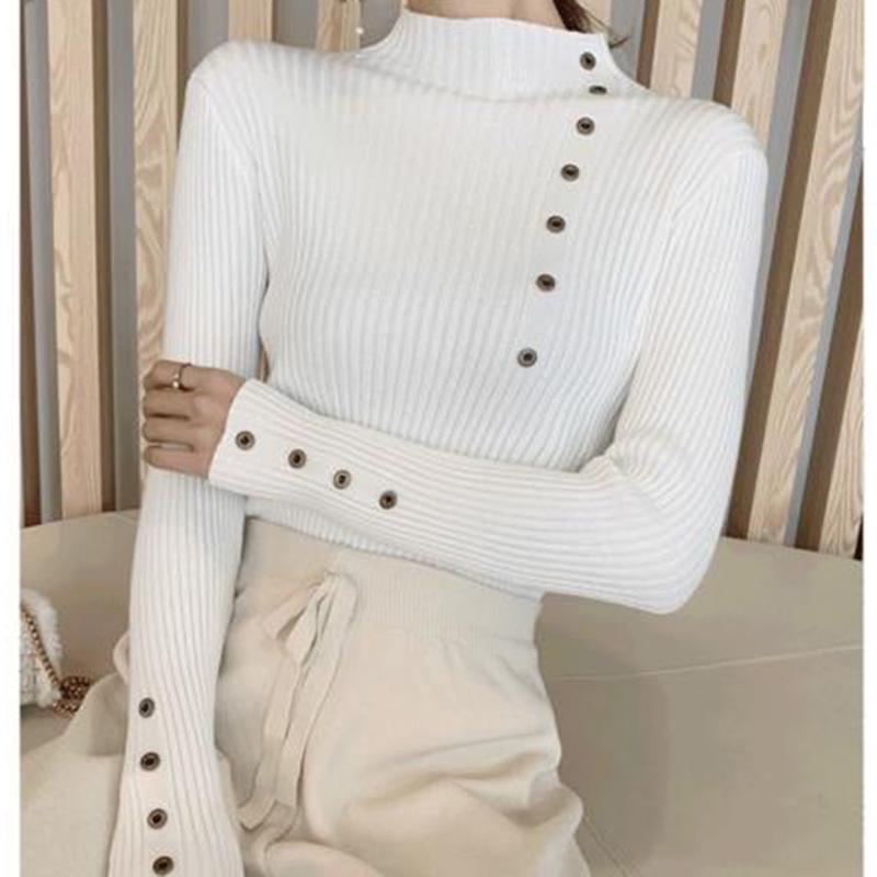 Long-sleeved Casual Bottoming Sweater Women's Spring and Autumn Thin Slim Half Turtleneck Buttoned Sweater Short Style Top