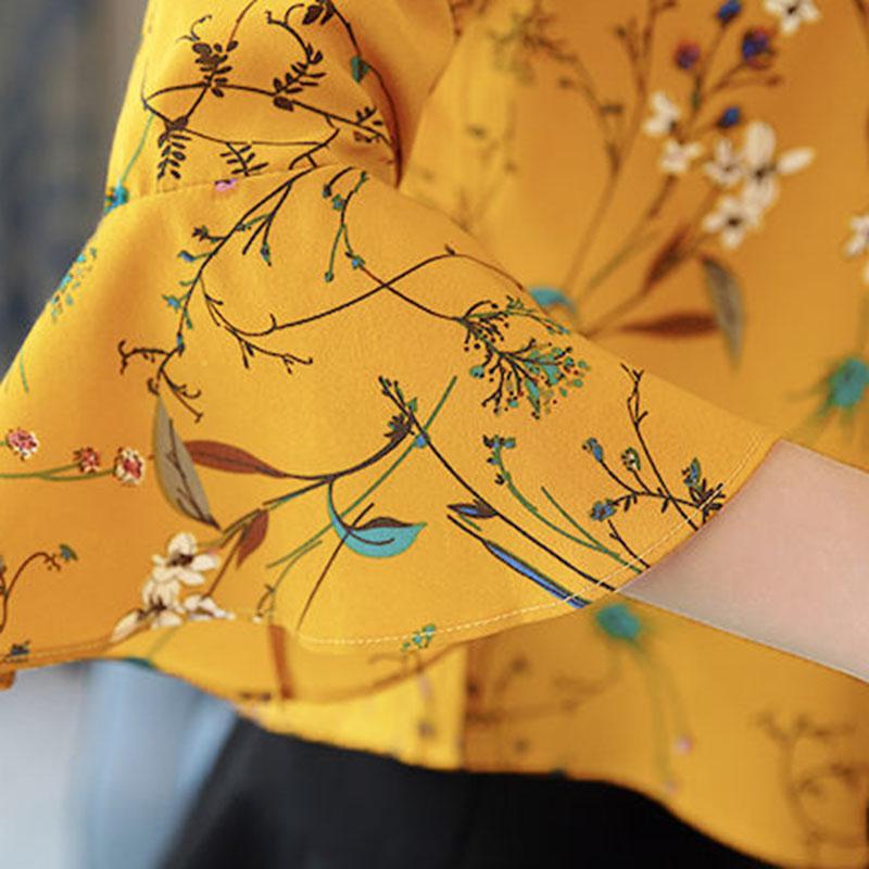 Women's Summer Chiffon Lace Shirt Short Sleeve Round Neck Loose Print Bell Sleeve Top