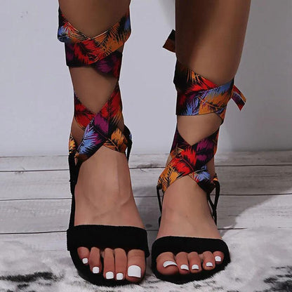Summer Satin Printed Ladies Cross Strap Flat Sandals Comfortable Non-Slip Beach Flat Shoes Boho Sandals