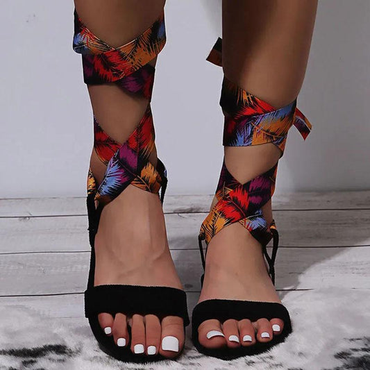 Summer Satin Printed Ladies Cross Strap Flat Sandals Comfortable Non-Slip Beach Flat Shoes Boho Sandals