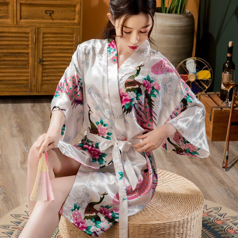 Summer Women's Nightgown Imitation Silk Satin Kimono Bridesmaid Dress Floral Thin Cardigan Dressing Gown Bathrobe