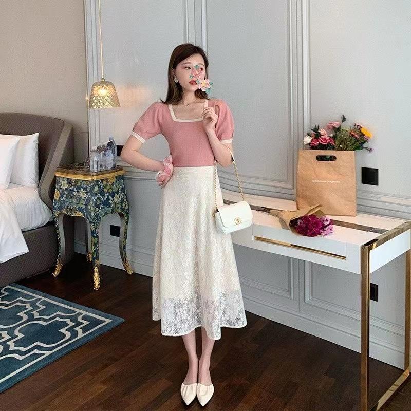 Two Piece Skirt Set Women's Short Sleeve T-Shirt Lace High Waist A-Line Skirt Mid Length Casual Elegant Summer Skirt Set Hollow Flower Embroidered