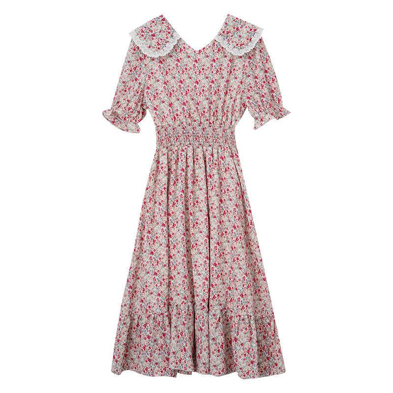 Women's Summer Dress with Waist and Thin French Retro Style Elegant and Sweet Chiffon Floral Mid-length Skirt Fabric Light and Breathable