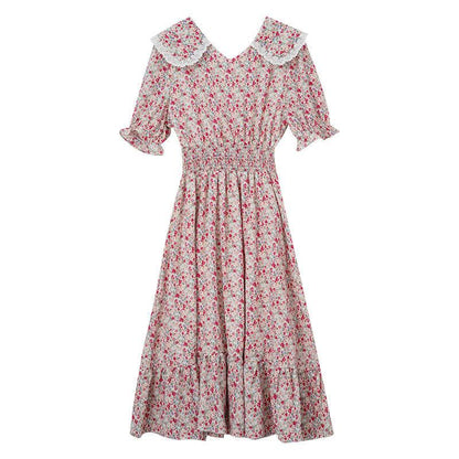 Women's Summer Dress with Waist and Thin French Retro Style Elegant and Sweet Chiffon Floral Mid-length Skirt Fabric Light and Breathable
