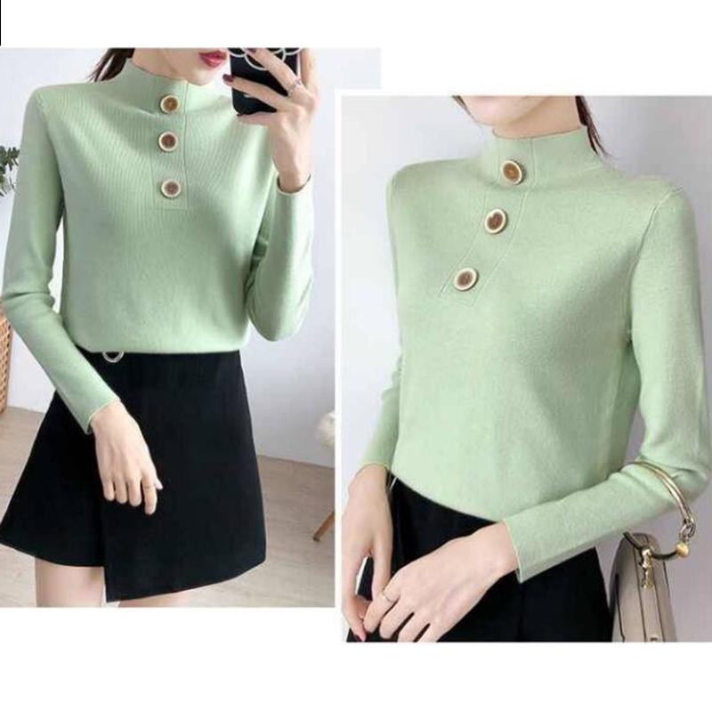 Pofulove women Turtleneck sweater with buttons slim Knit Pullover long sleeve jumpers top winter