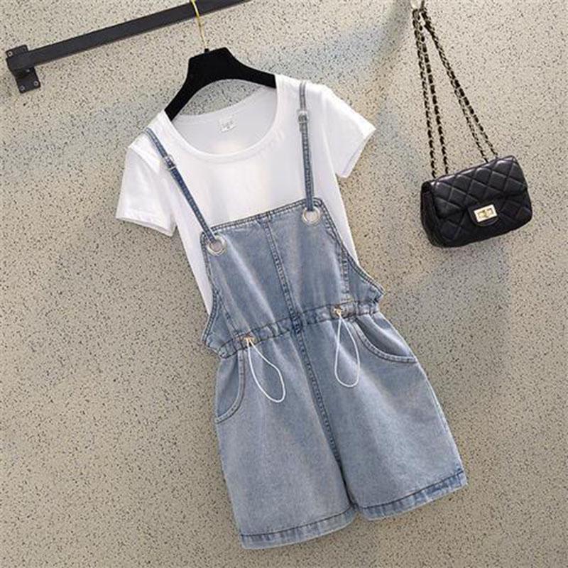 T-shirt Overalls Suits Women T-shirt  Elastic Waist Strap Denim Shorts Two Piece Short Set