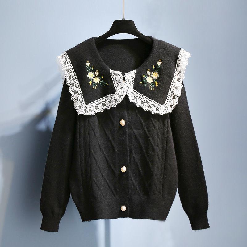 Peter Pan Collar Embroidered Sweater Cardigan Jacket Women's Autumn Korean Lace Large Collar Knit Sweater